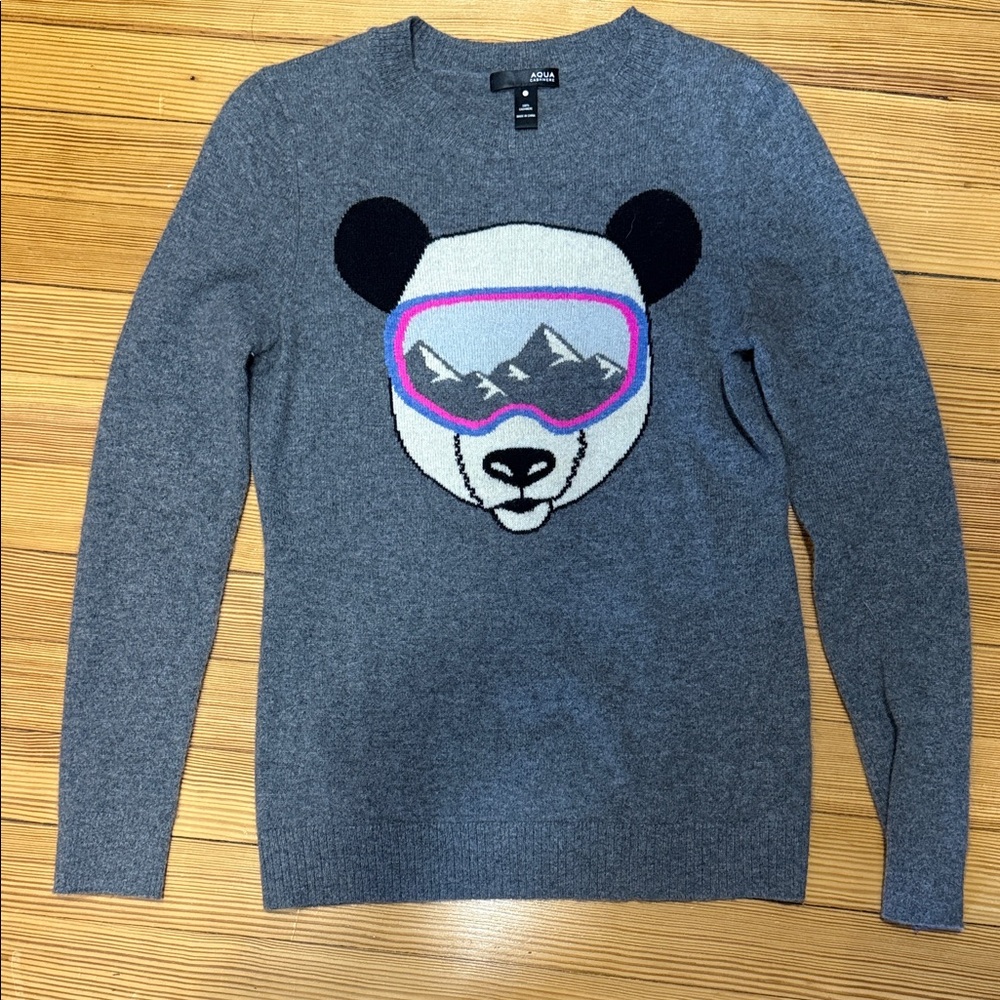 Aqua Gray Panda Sweater with Pink Accents 100% cashmere